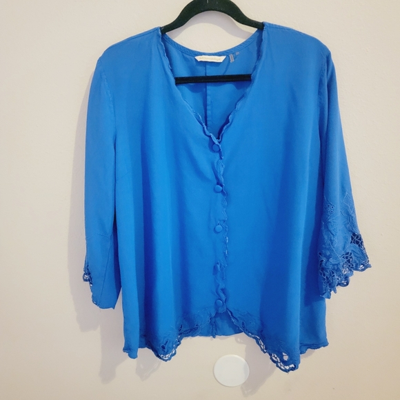 Soft Surrounding Sapphire Embroidered Trim Button Up Blouse Top - Picture 4 of 13